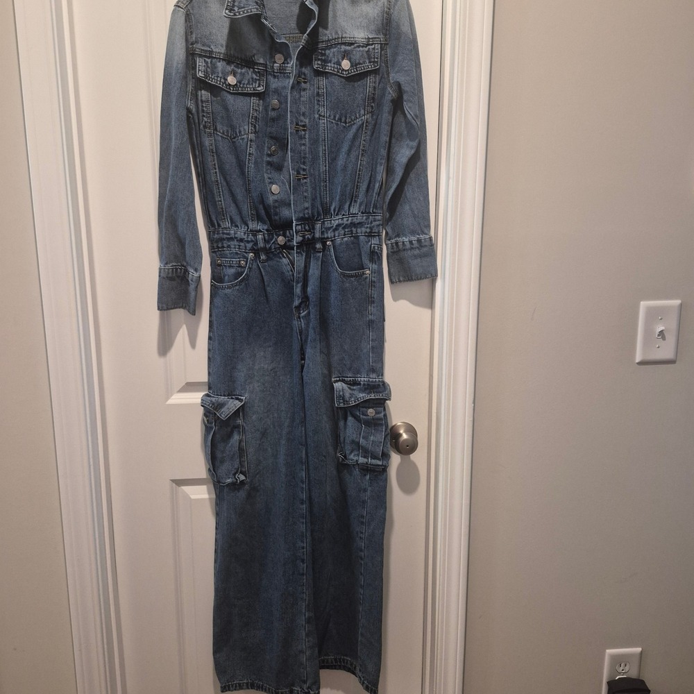 Womens Long Sleeve Denim Cargo Jumpsuit Medium Wash Blue Utility Coverall XS